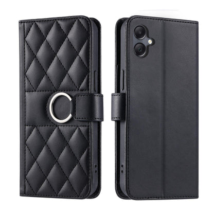 For Galaxy A08 / A07 4G / 5G Ring Buckle Rhombic Leather Phone Case(Black)