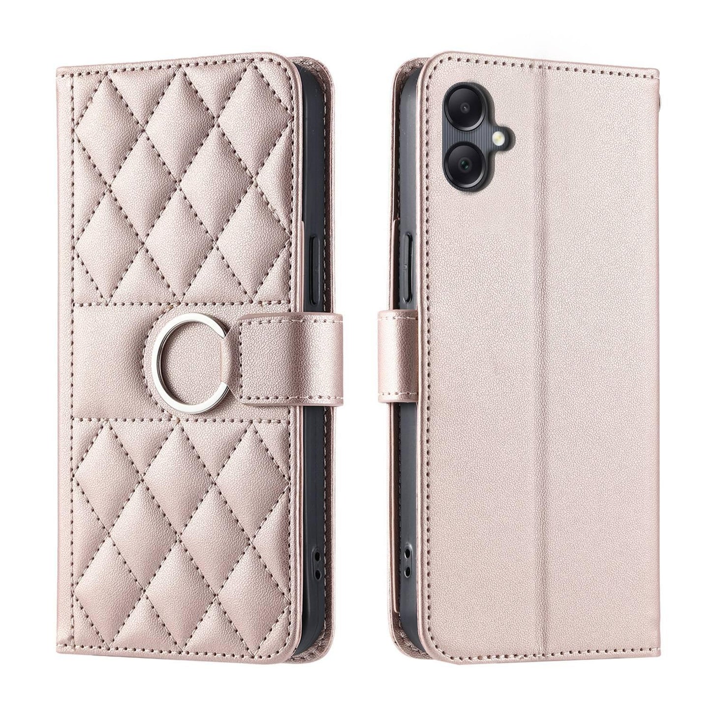 For Galaxy A08 / A07 4G / 5G Ring Buckle Rhombic Leather Phone Case(Rose Gold)