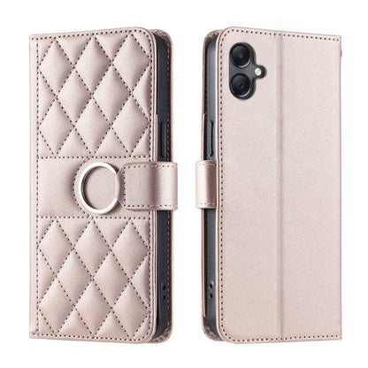 For Galaxy A08 / A07 4G / 5G Ring Buckle Rhombic Leather Phone Case(Rose Gold)