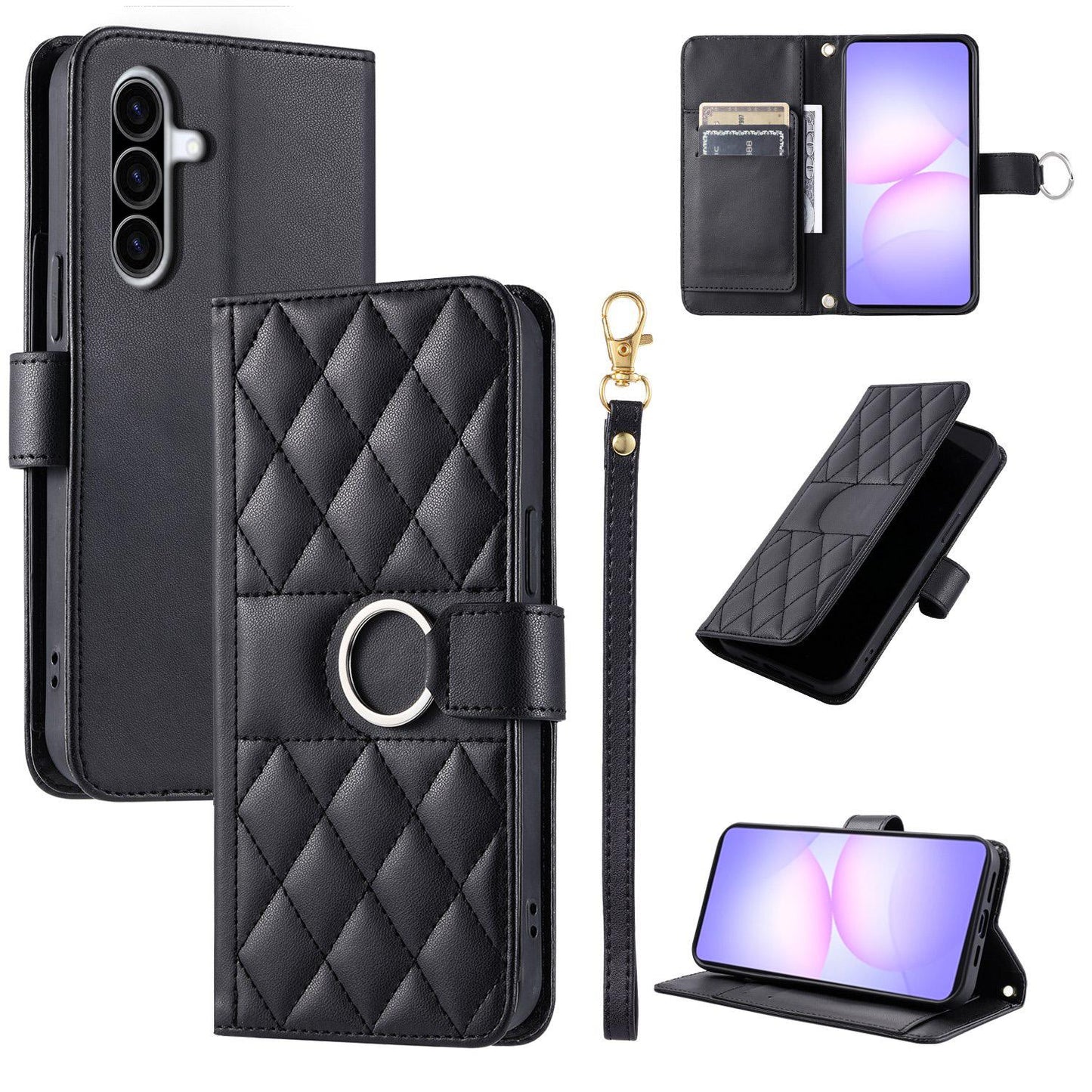 For Galaxy A57 5G Ring Buckle Rhombic Leather Phone Case(Black)