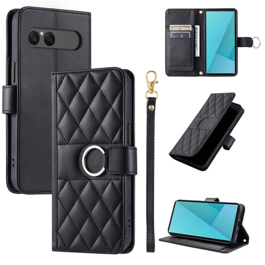 For Sony Xperia 10 VII Ring Buckle Rhombic Leather Phone Case(Black)