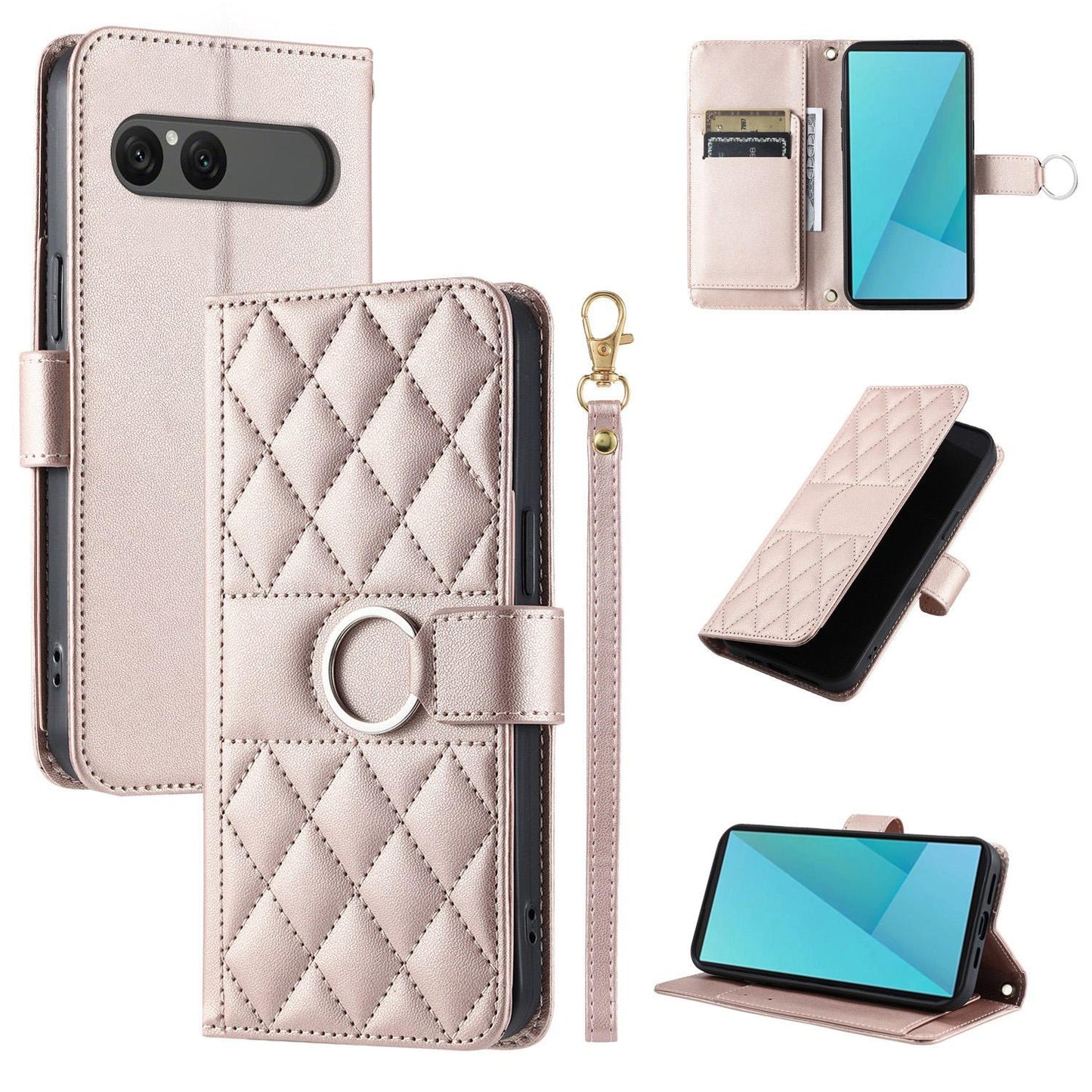 For Sony Xperia 10 VII Ring Buckle Rhombic Leather Phone Case(Rose Gold)