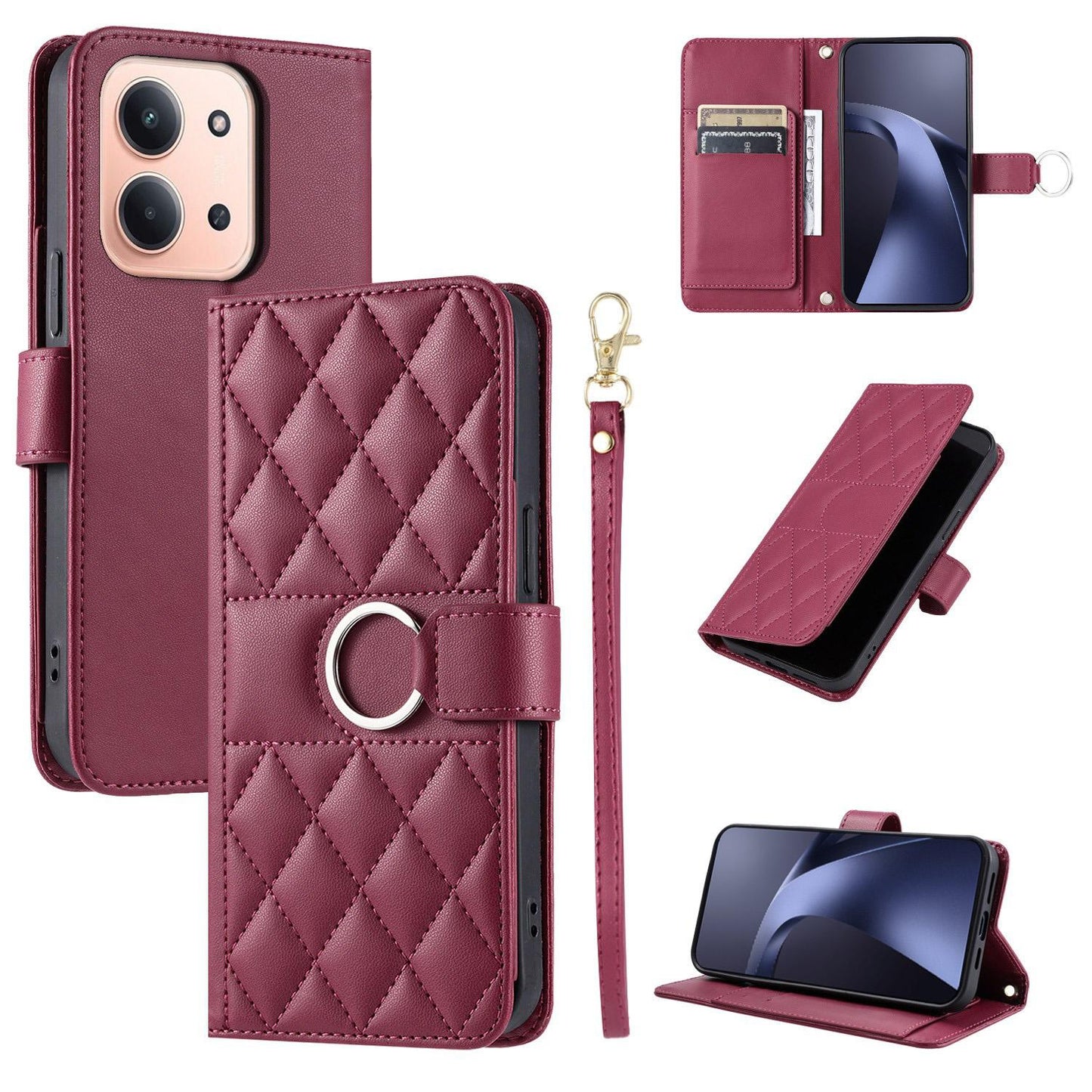 For Redmi 15C 5G / 4G Global 171mm Ring Buckle Rhombic Leather Phone Case(Red)