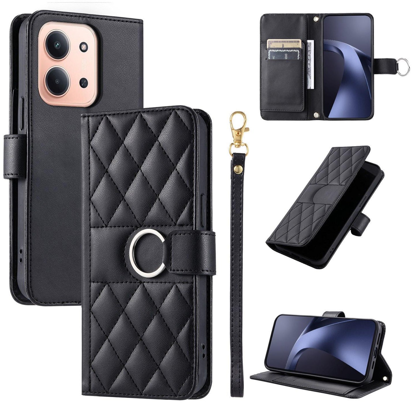 For Redmi 15C 5G / 4G Global 171mm Ring Buckle Rhombic Leather Phone Case(Black)