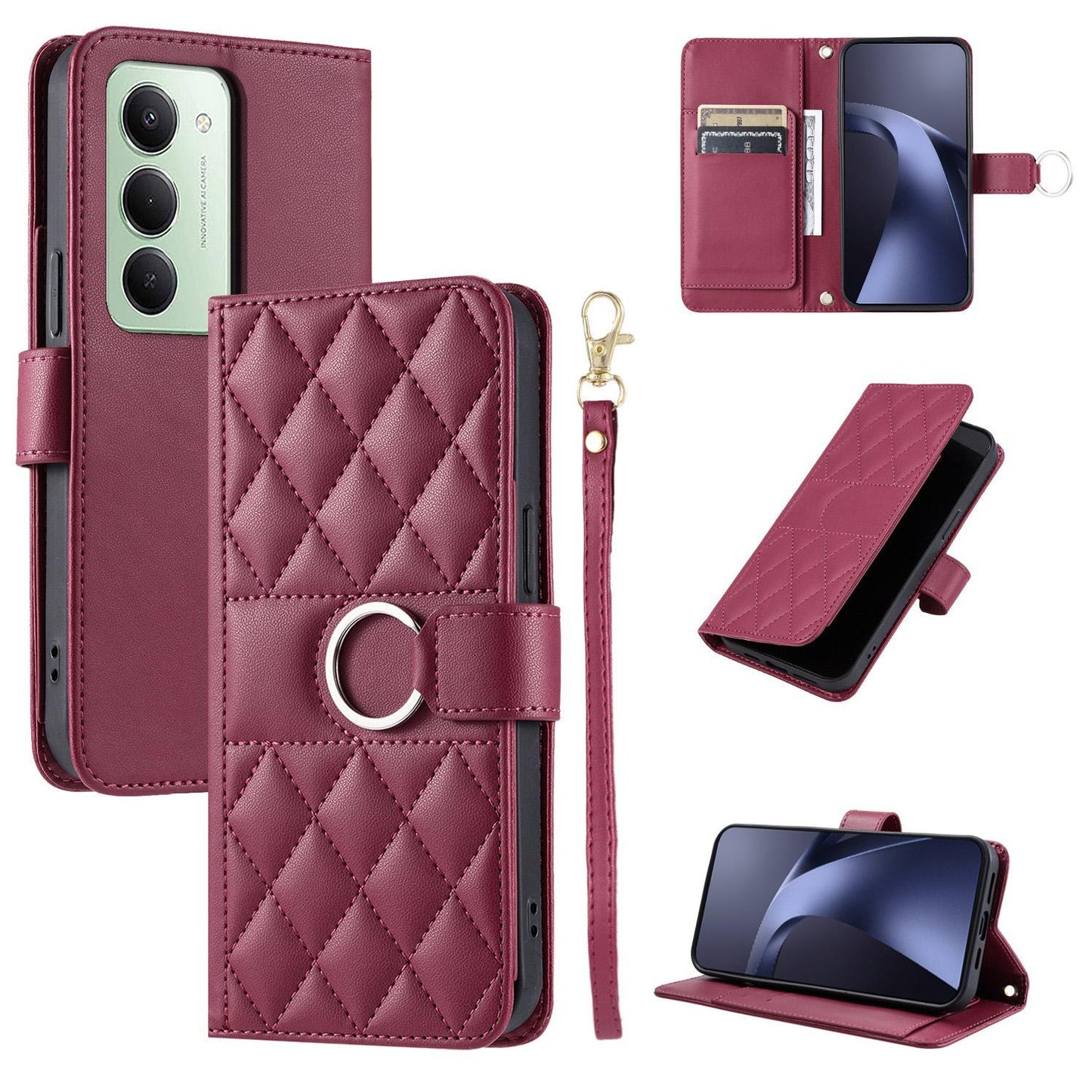 For Redmi 15 5G Global / 15 4G SEA 169.5mm Ring Buckle Rhombic Leather Phone Case(Red)
