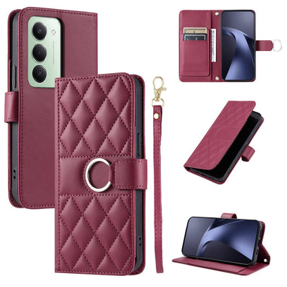 For Redmi 15 5G Global / 15 4G SEA 169.5mm Ring Buckle Rhombic Leather Phone Case(Red)