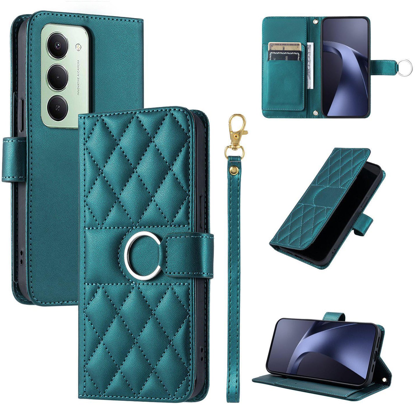 For Redmi 15 5G Global / 15 4G SEA 169.5mm Ring Buckle Rhombic Leather Phone Case(Green)