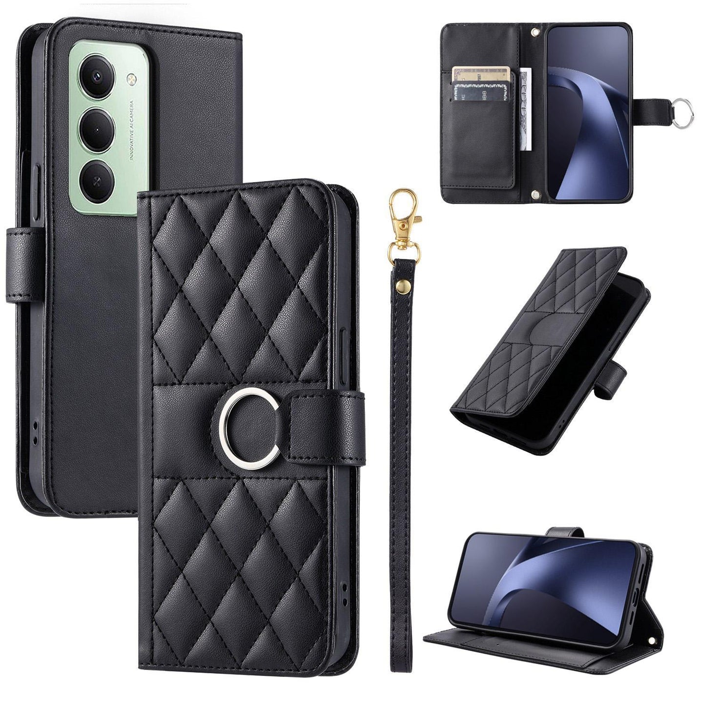 For Redmi 15 5G Global / 15 4G SEA 169.5mm Ring Buckle Rhombic Leather Phone Case(Black)