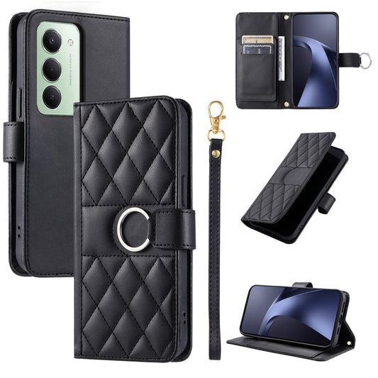 For Redmi 15 5G Global / 15 4G SEA 169.5mm Ring Buckle Rhombic Leather Phone Case(Black)