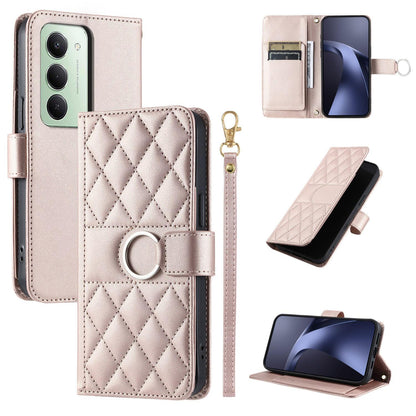 For Redmi 15 5G Global / 15 4G SEA 169.5mm Ring Buckle Rhombic Leather Phone Case(Rose Gold)