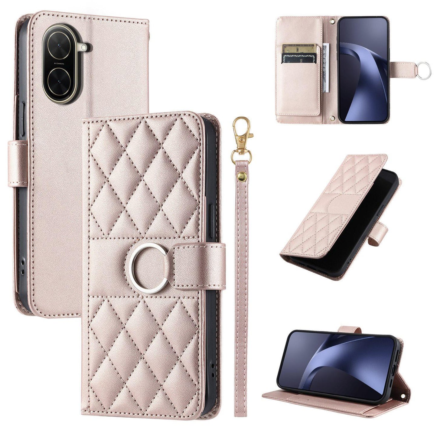 For Redmi A5 4G 171mm / Poco C71 4G Ring Buckle Rhombic Leather Phone Case(Rose Gold)