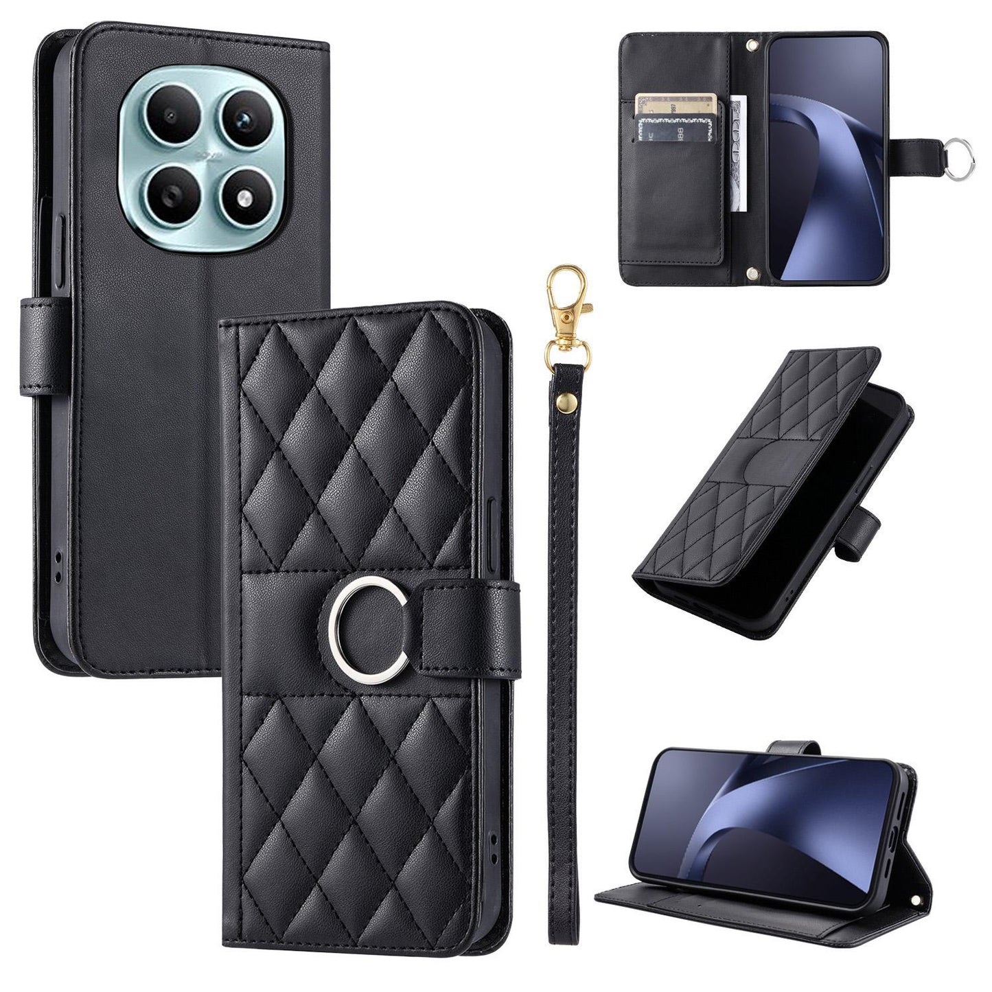 For Redmi Note 15 4G / 5G Global 164mm Ring Buckle Rhombic Leather Phone Case(Black)