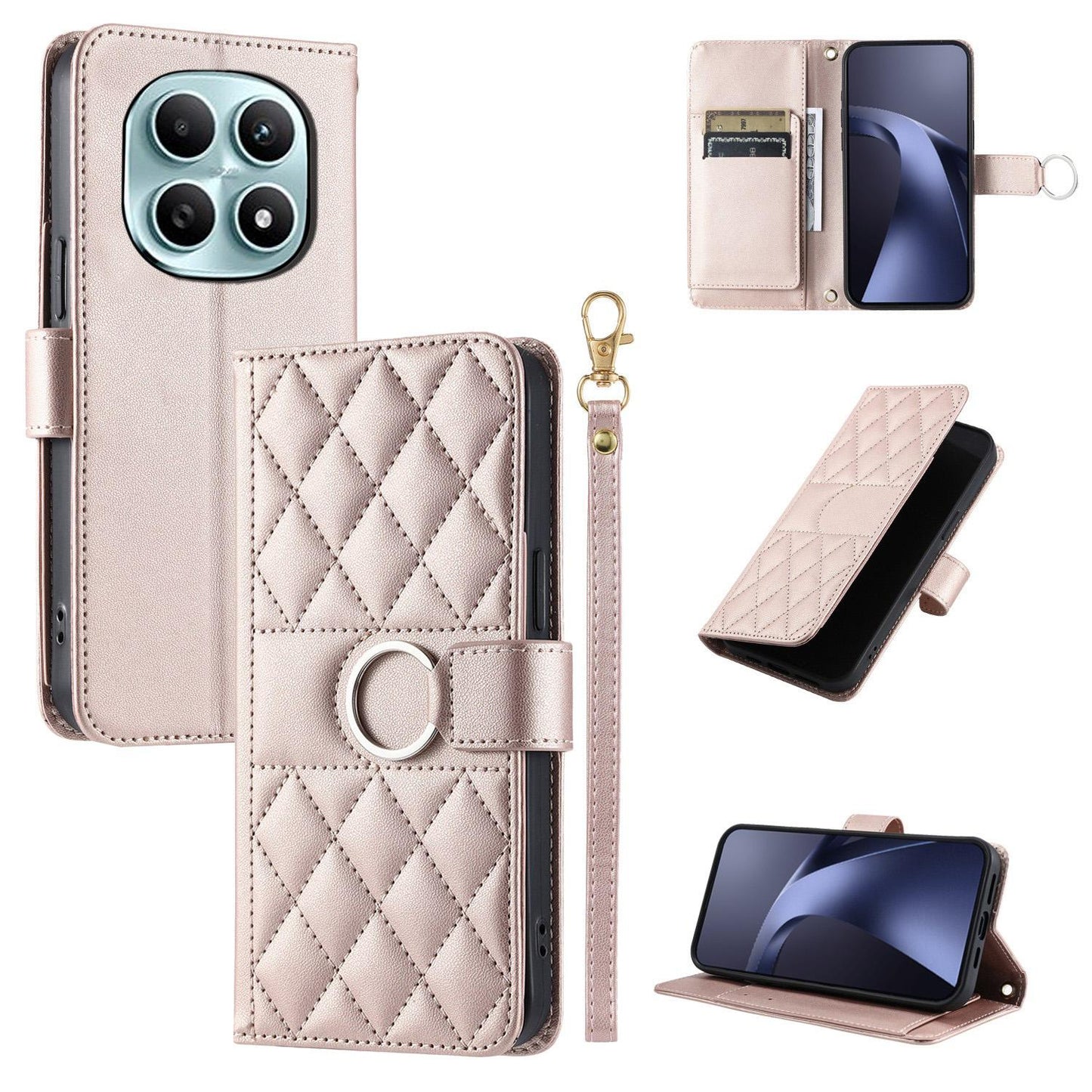 For Redmi Note 15 4G / 5G Global 164mm Ring Buckle Rhombic Leather Phone Case(Rose Gold)