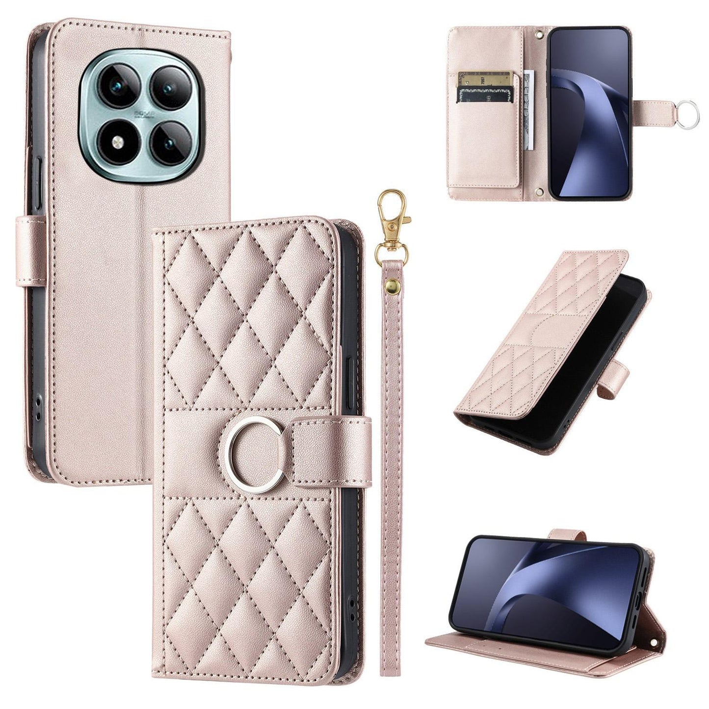 For Redmi Note 15 Pro 5G Global 163.6mm Ring Buckle Rhombic Leather Phone Case(Rose Gold)
