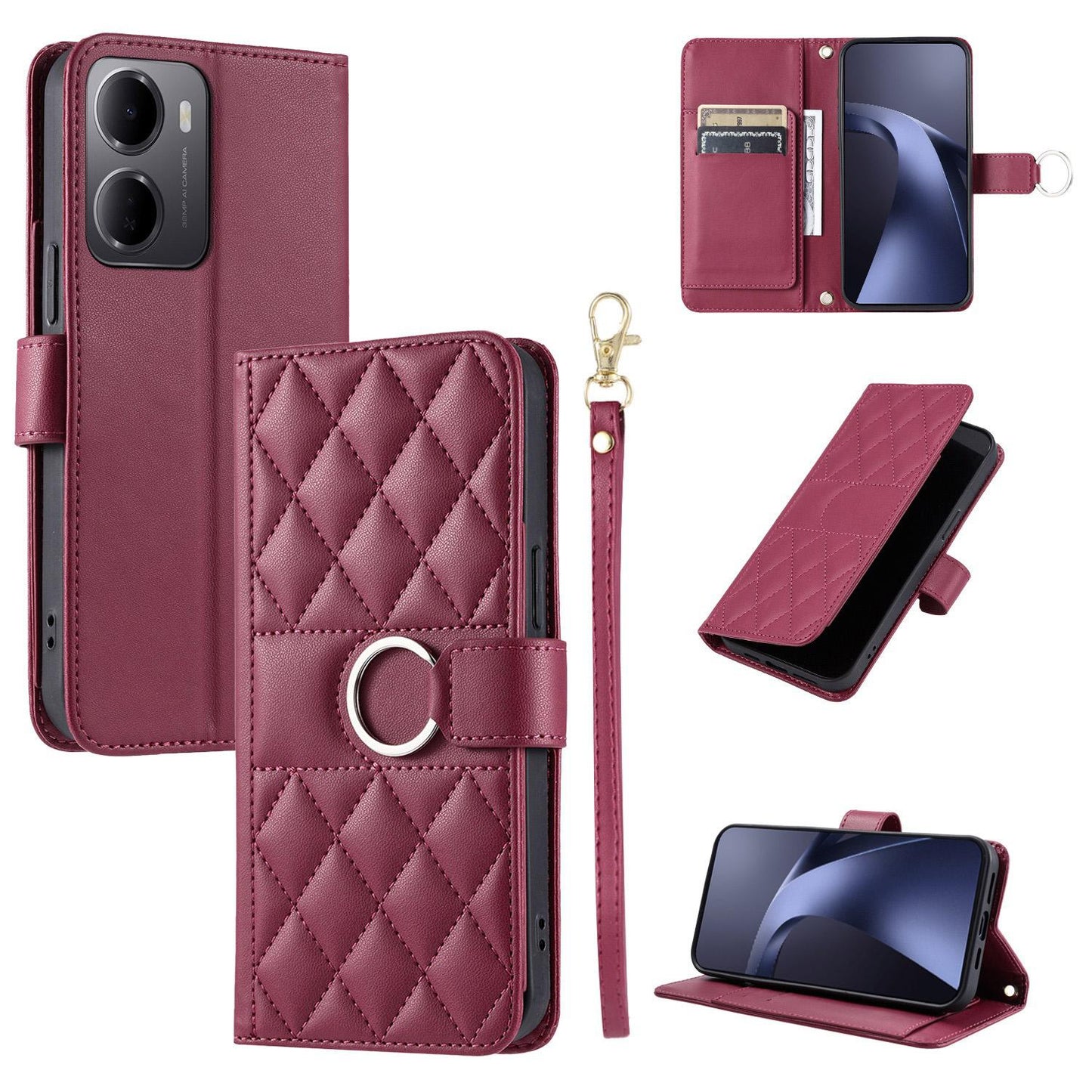 For Redmi 15a 5G / R70 5G Ring Buckle Rhombic Leather Phone Case(Red)