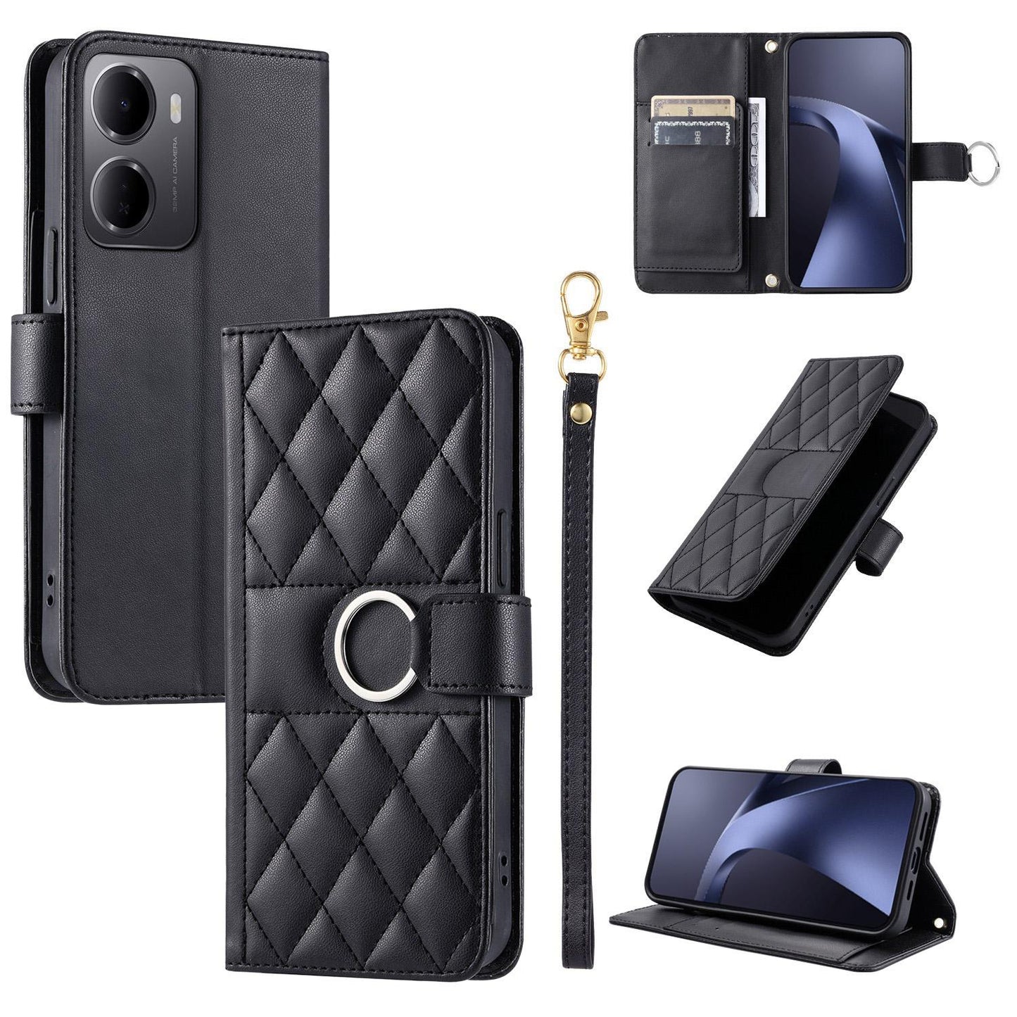 For Redmi 15a 5G / R70 5G Ring Buckle Rhombic Leather Phone Case(Black)