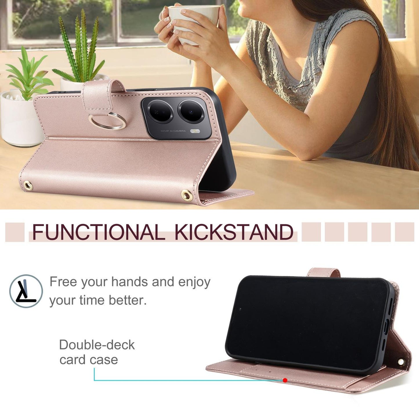 For Redmi 15a 5G / R70 5G Ring Buckle Rhombic Leather Phone Case(Rose Gold)