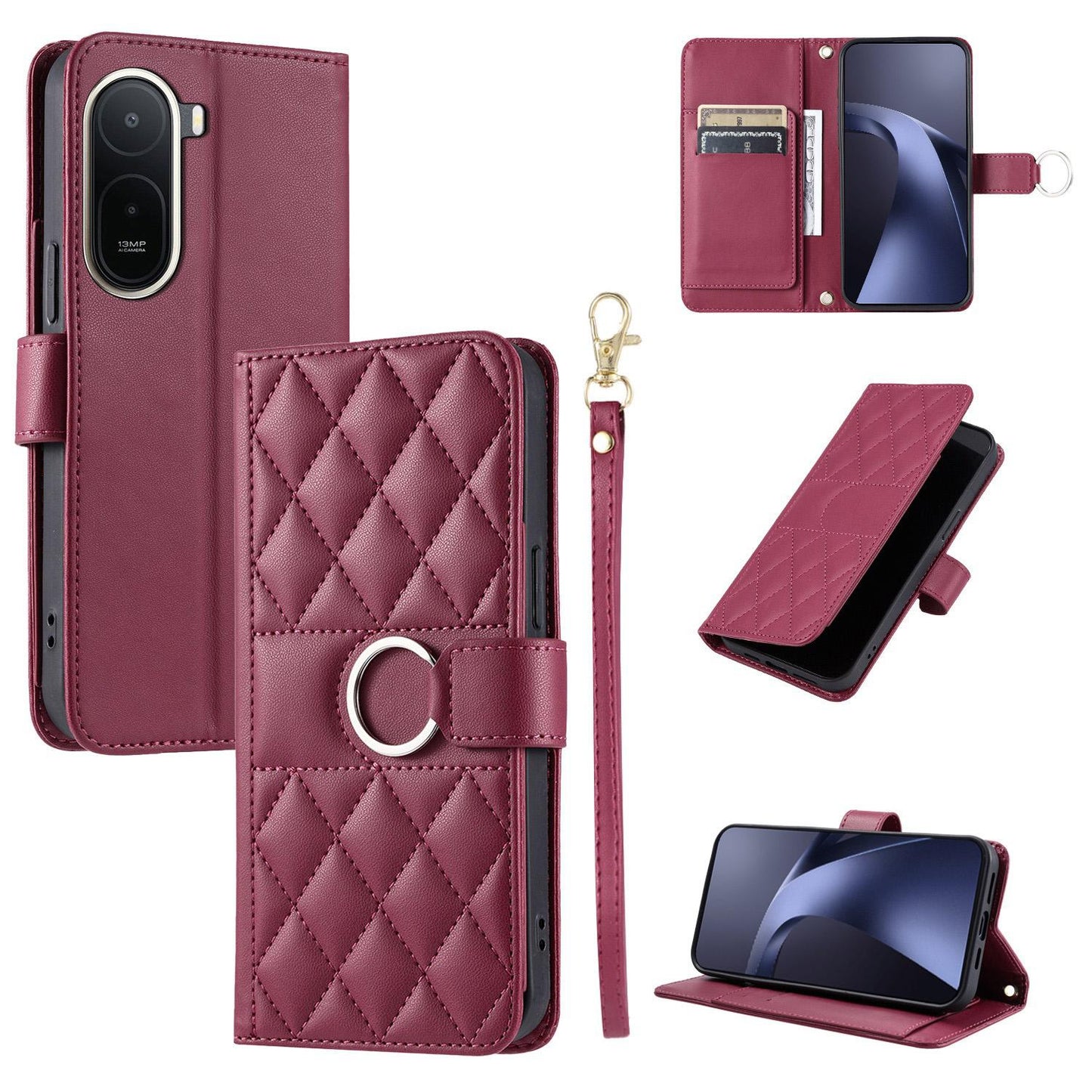 For Redmi A7 Pro 4G / 5G / Poco C81 Ring Buckle Rhombic Leather Phone Case(Red)
