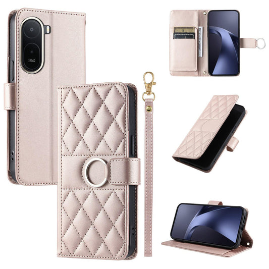 For Redmi A7 Pro 4G / 5G / Poco C81 Ring Buckle Rhombic Leather Phone Case(Rose Gold)