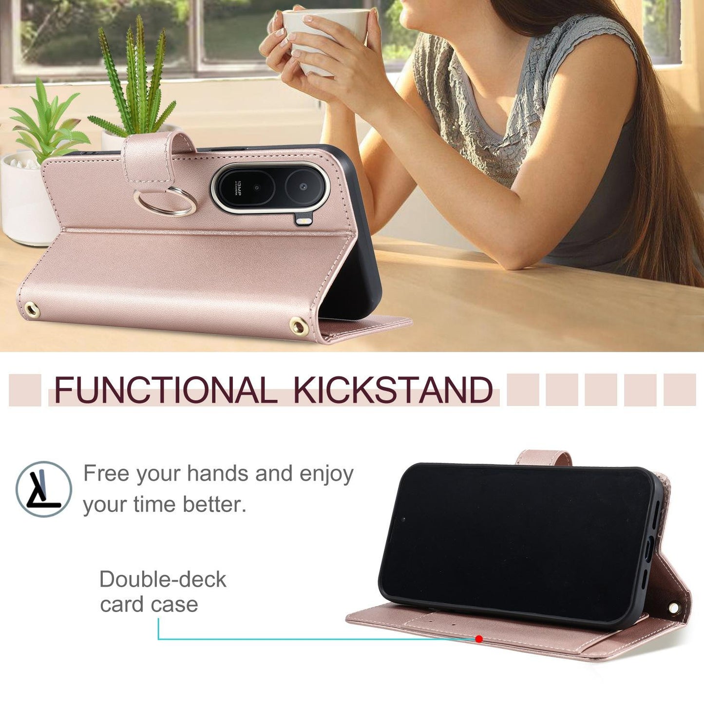 For Redmi A7 Pro 4G / 5G / Poco C81 Ring Buckle Rhombic Leather Phone Case(Rose Gold)