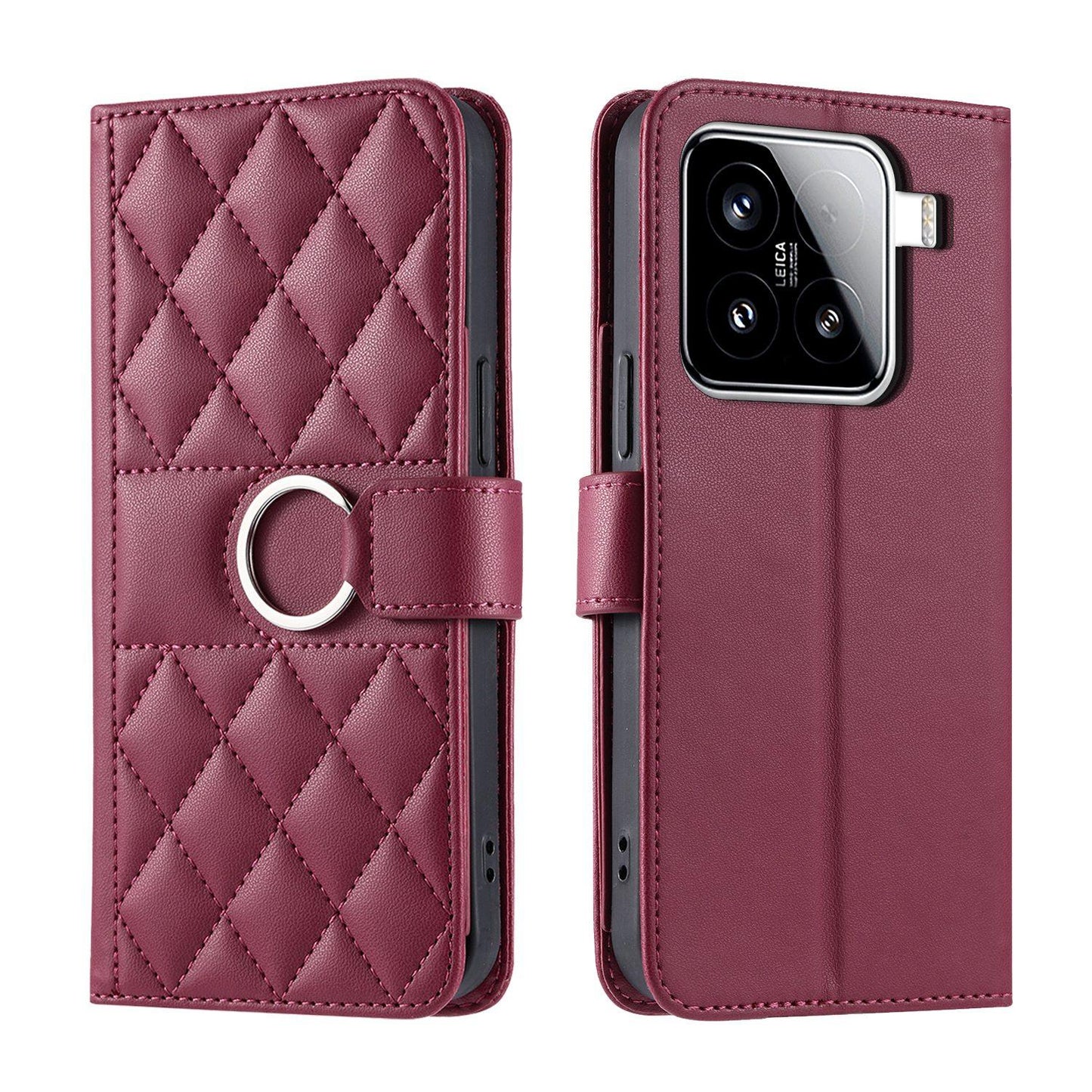 For Xiaomi 15 Ring Buckle Rhombic Leather Phone Case(Red)
