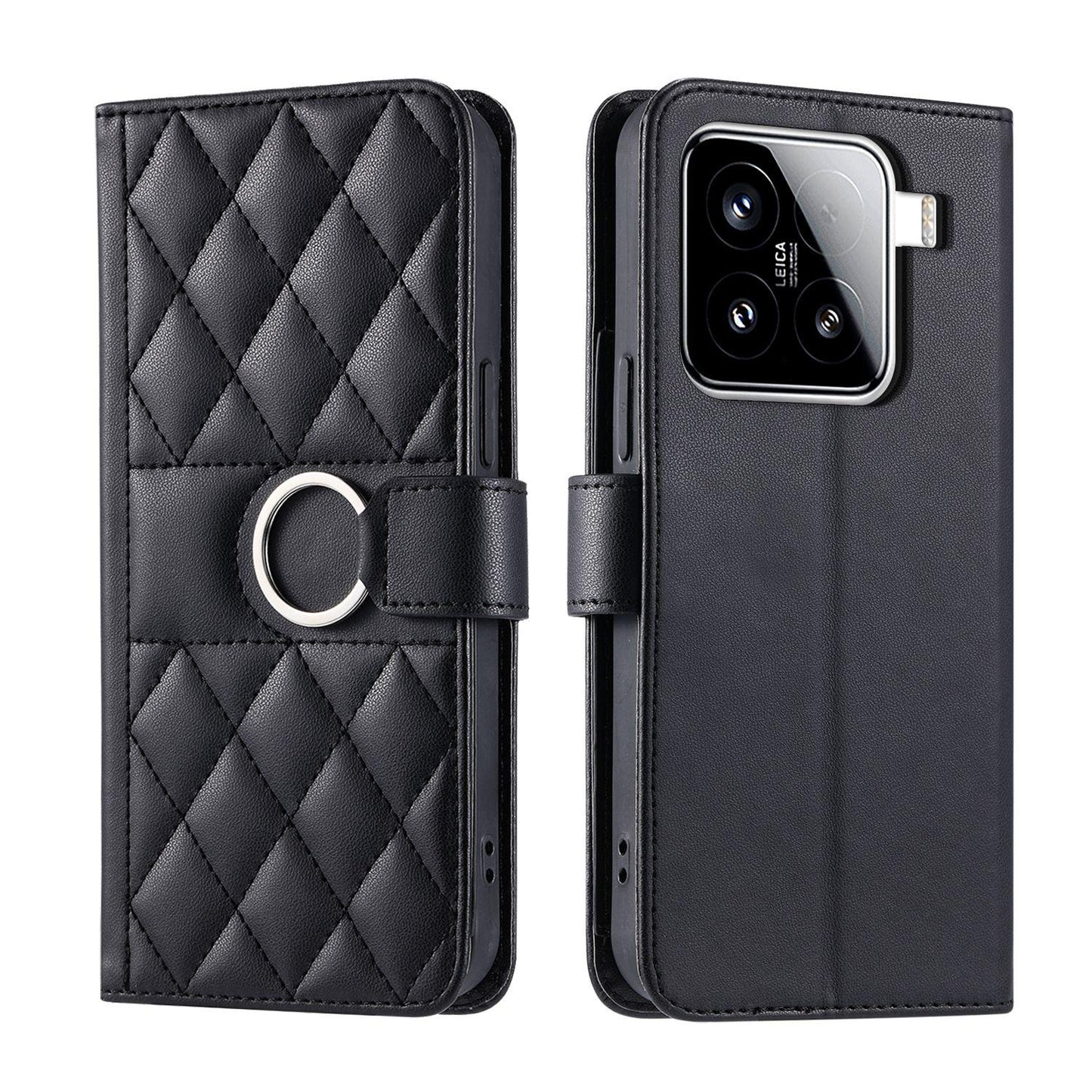 For Xiaomi 15 Ring Buckle Rhombic Leather Phone Case(Black)