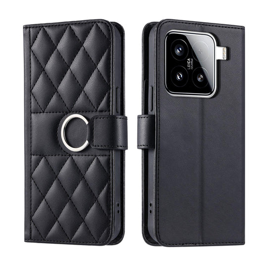 For Xiaomi 15 Ring Buckle Rhombic Leather Phone Case(Black)
