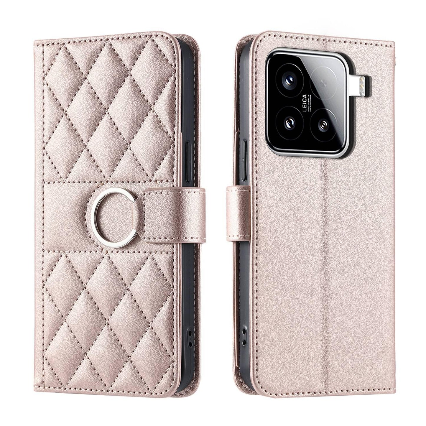 For Xiaomi 15 Ring Buckle Rhombic Leather Phone Case(Rose Gold)
