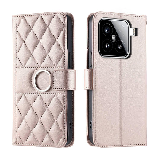 For Xiaomi 15 Ring Buckle Rhombic Leather Phone Case(Rose Gold)