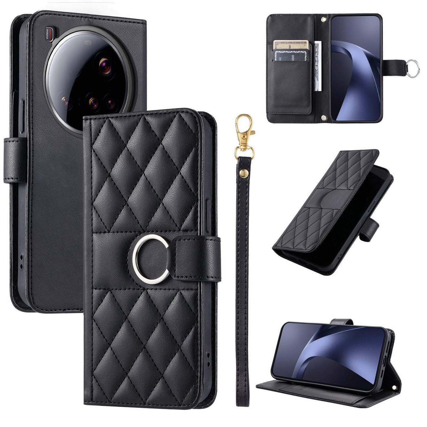 For Xiaomi 15 Ultra Ring Buckle Rhombic Leather Phone Case(Black)