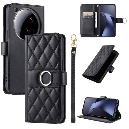 For Xiaomi 15 Ultra Ring Buckle Rhombic Leather Phone Case(Black)