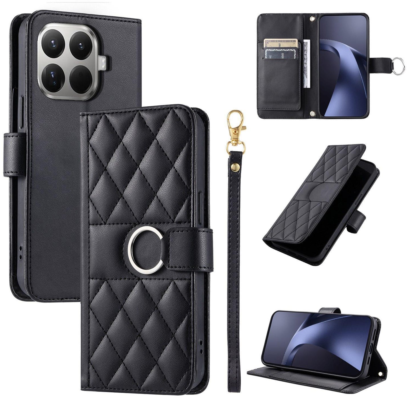For Xiaomi 15T Pro 5G Ring Buckle Rhombic Leather Phone Case(Black)