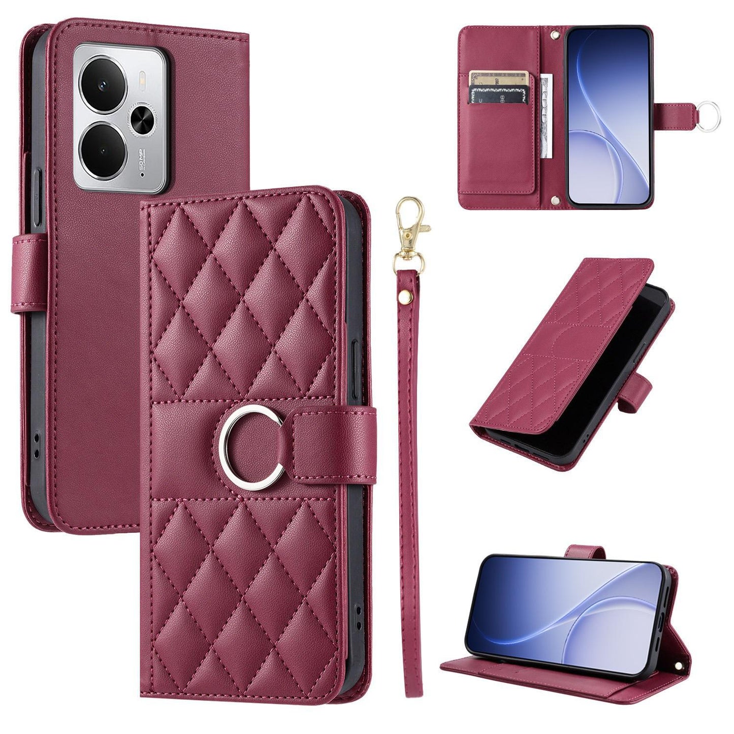 For Realme 14 5G Ring Buckle Rhombic Leather Phone Case(Red)