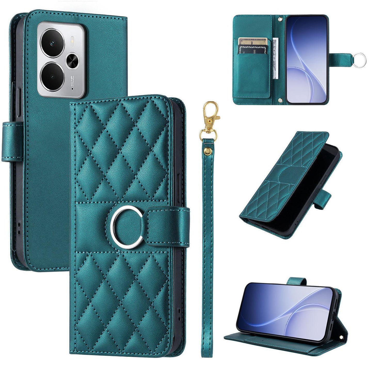 For Realme 14 5G Ring Buckle Rhombic Leather Phone Case(Green)