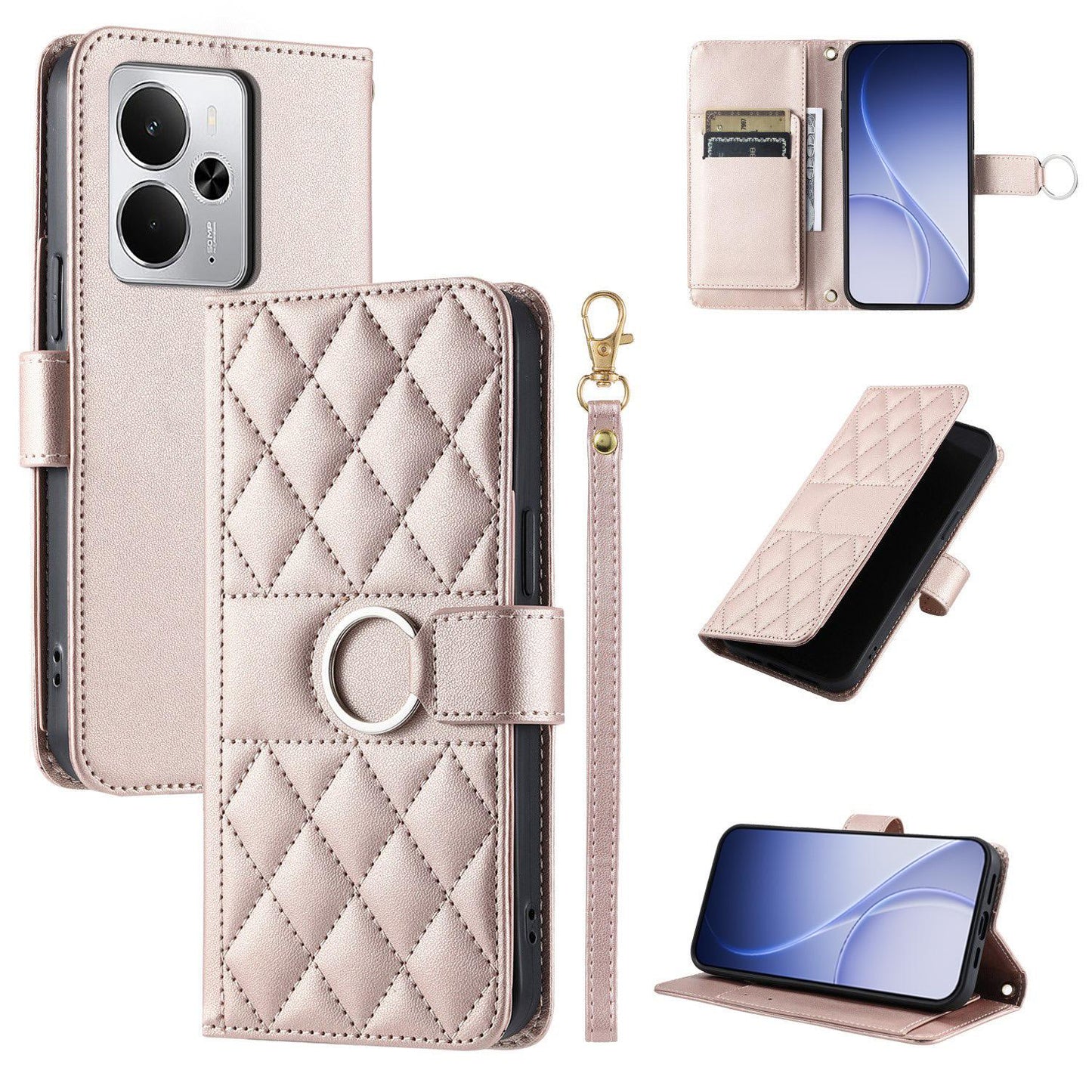 For Realme 14 5G Ring Buckle Rhombic Leather Phone Case(Rose Gold)