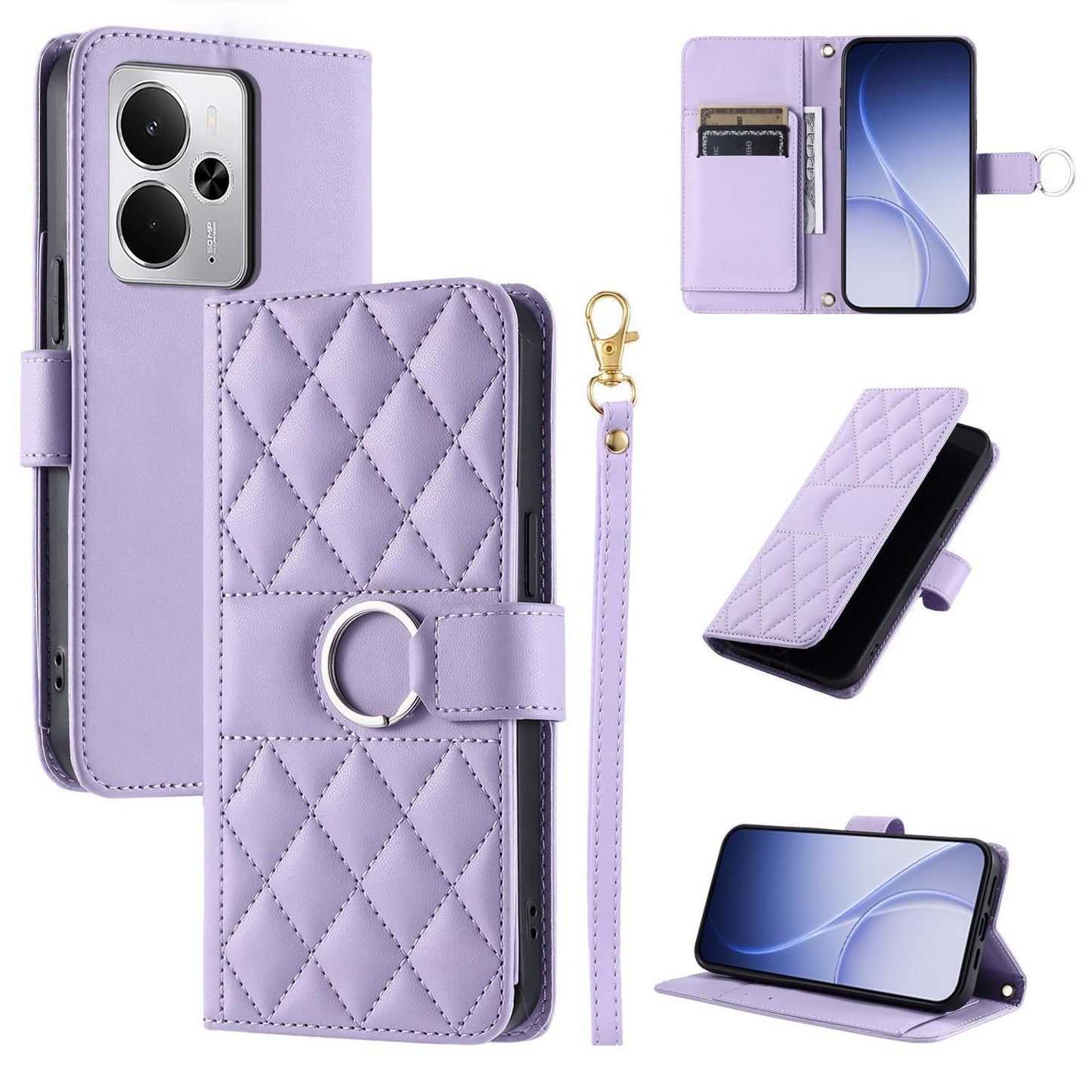 For Realme 14 5G Ring Buckle Rhombic Leather Phone Case(Purple)