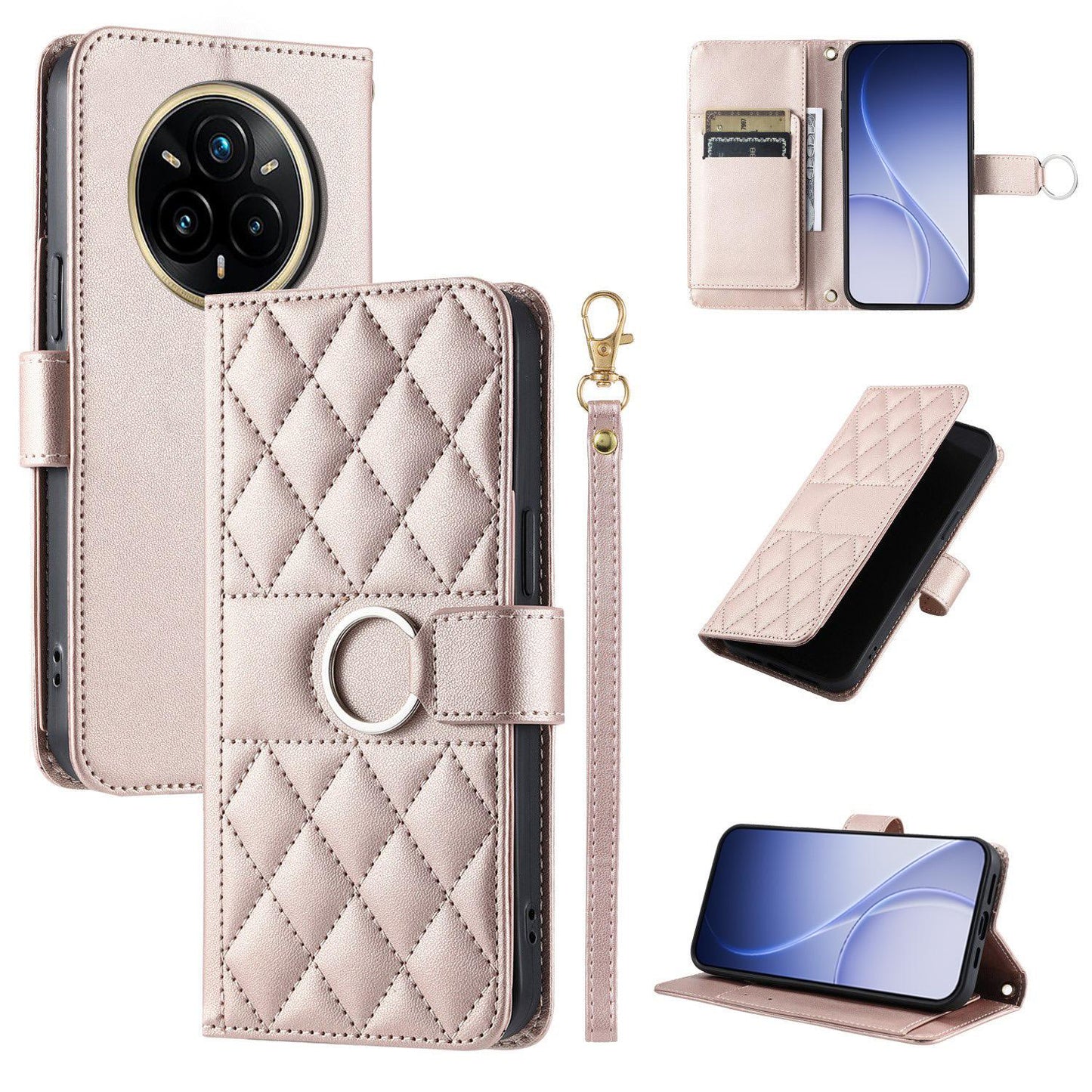 For Realme 14 Pro Ring Buckle Rhombic Leather Phone Case(Rose Gold)