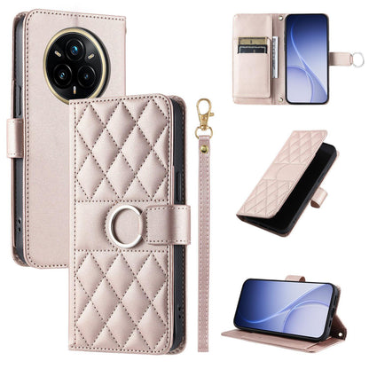For Realme 14 Pro Ring Buckle Rhombic Leather Phone Case(Rose Gold)