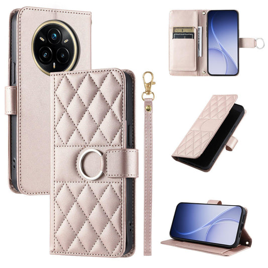 For Realme 14 Pro Ring Buckle Rhombic Leather Phone Case(Rose Gold)