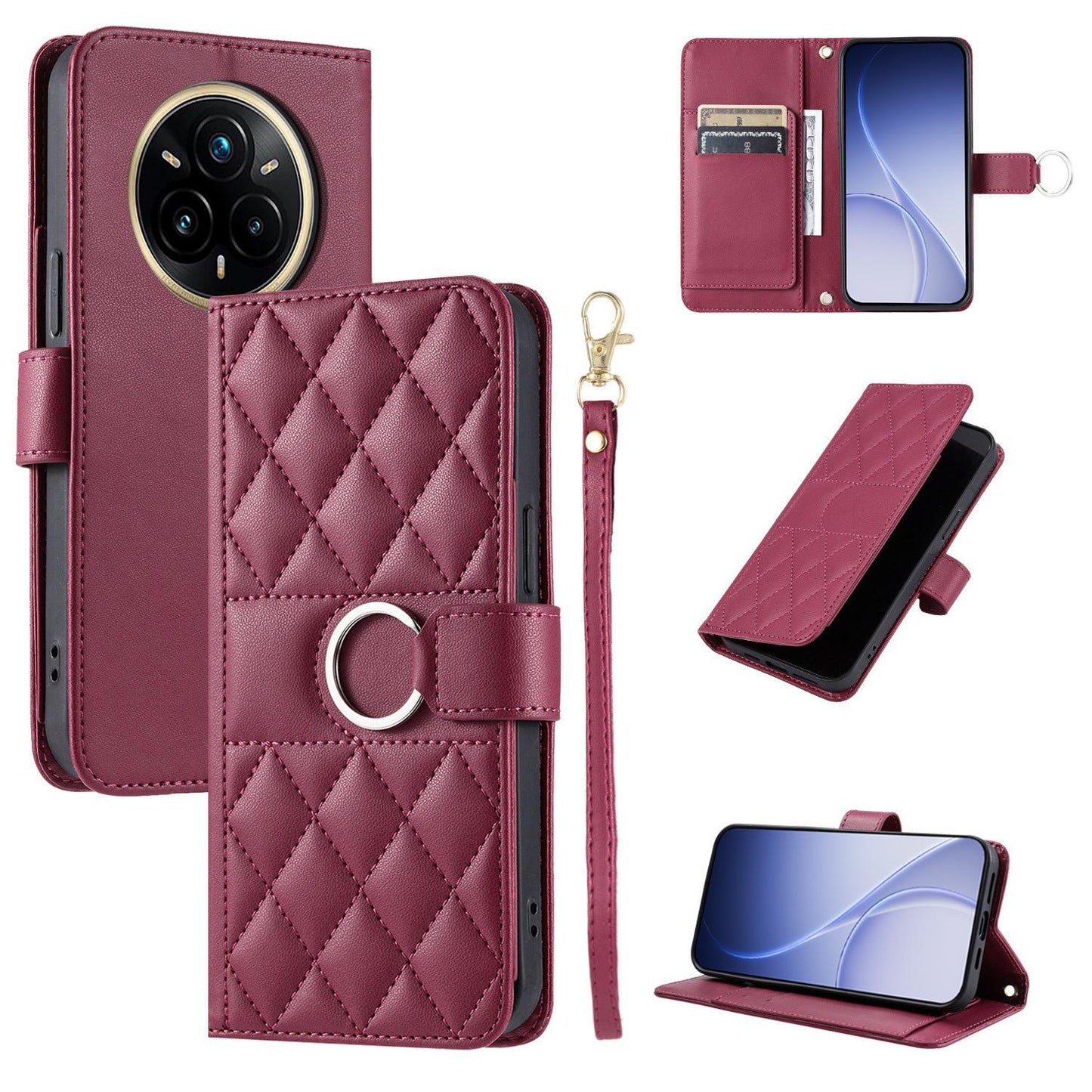 For Realme 14 Pro+ Ring Buckle Rhombic Leather Phone Case(Red)