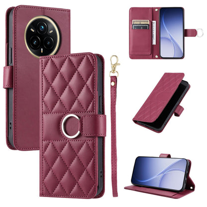 For Realme 14 Pro+ Ring Buckle Rhombic Leather Phone Case(Red)