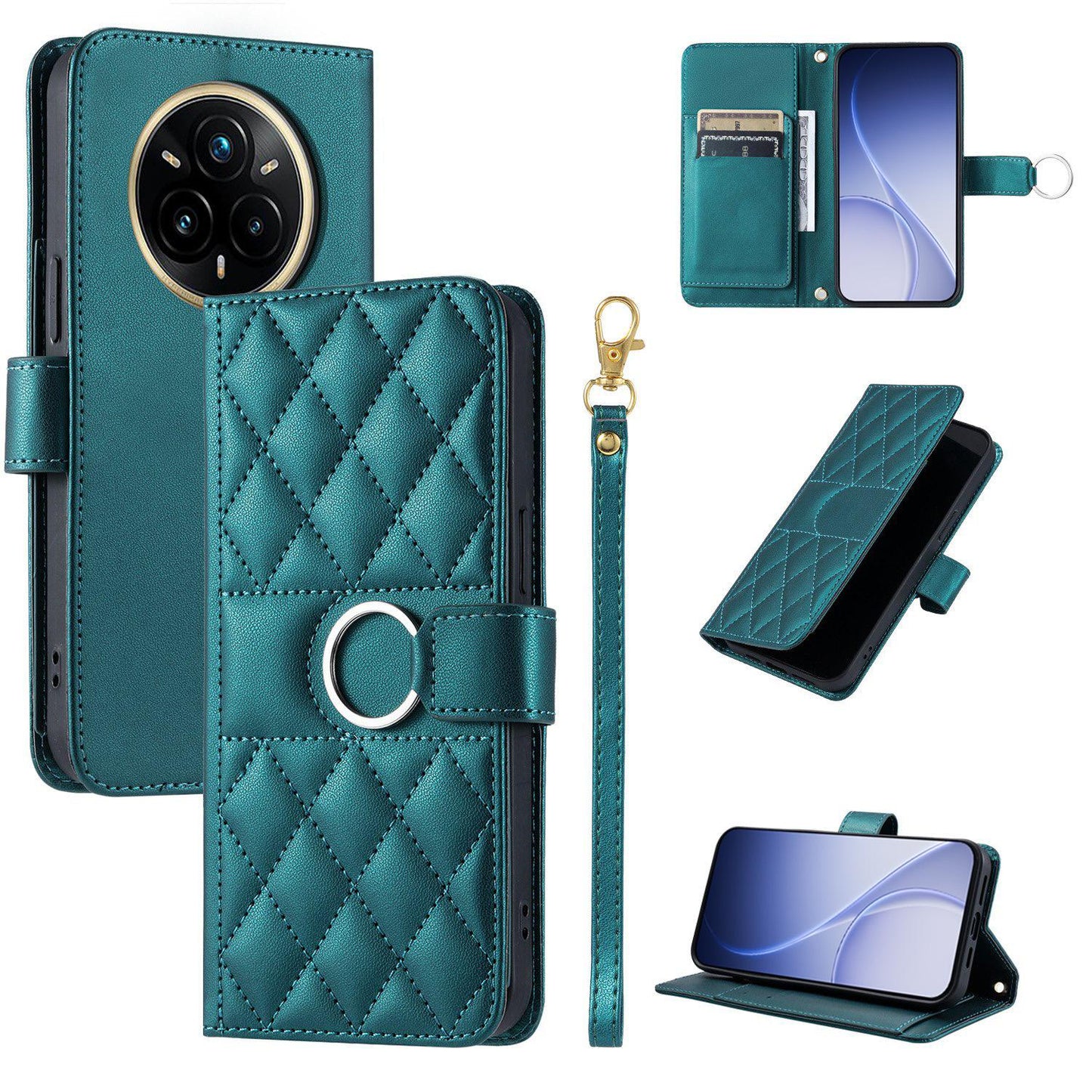For Realme 14 Pro+ Ring Buckle Rhombic Leather Phone Case(Green)