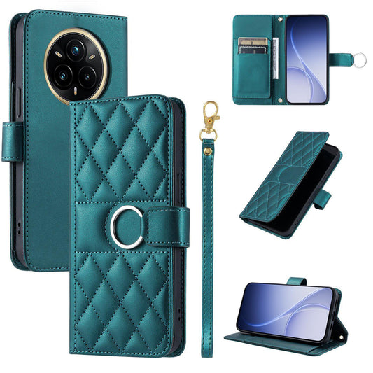 For Realme 14 Pro+ Ring Buckle Rhombic Leather Phone Case(Green)