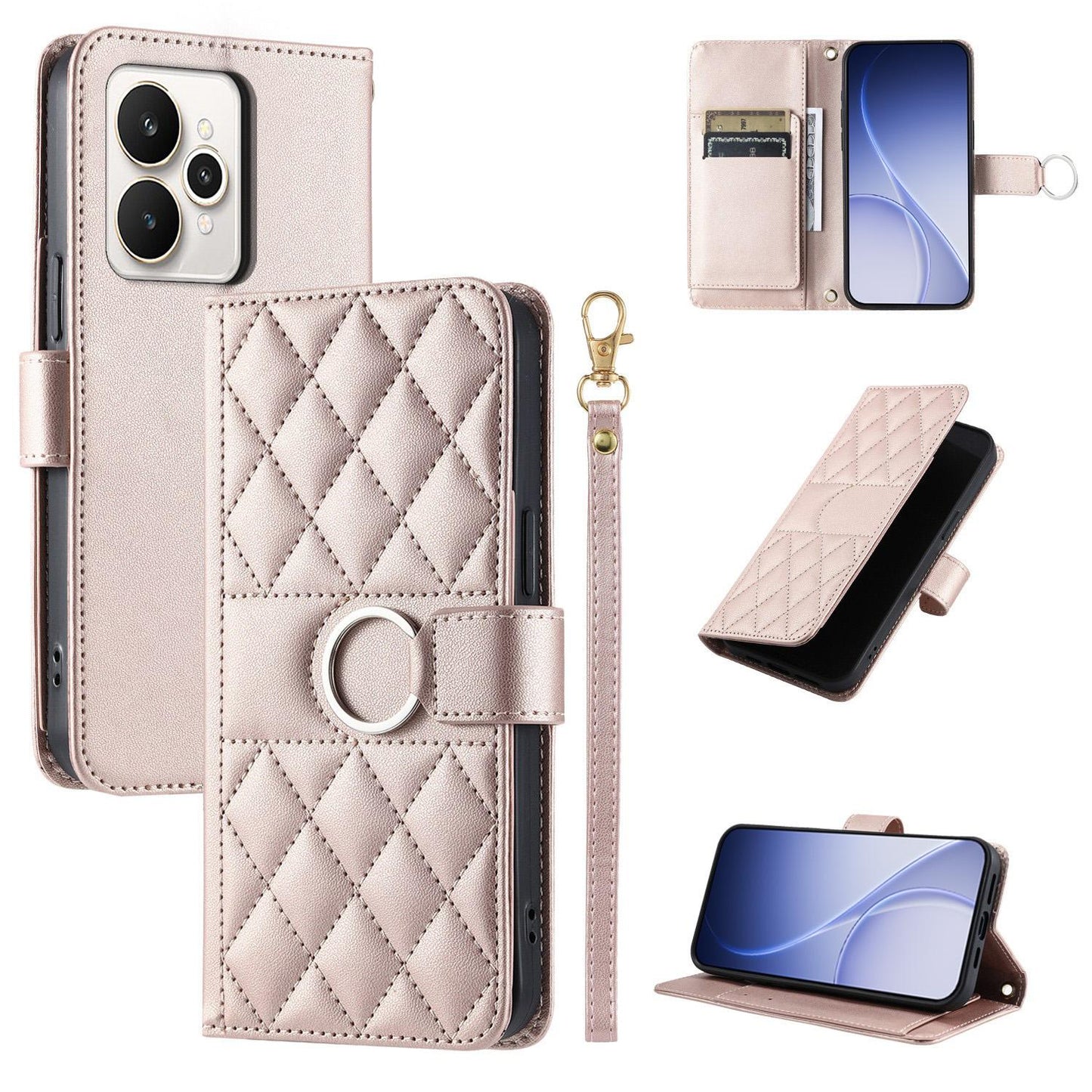 For Realme 15 / 15 Pro 5G Ring Buckle Rhombic Leather Phone Case(Rose Gold)