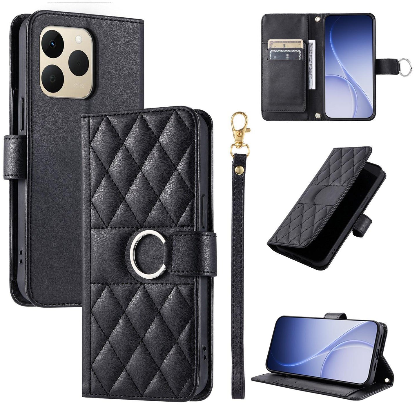 For Realme 15T 5G Ring Buckle Rhombic Leather Phone Case(Black)