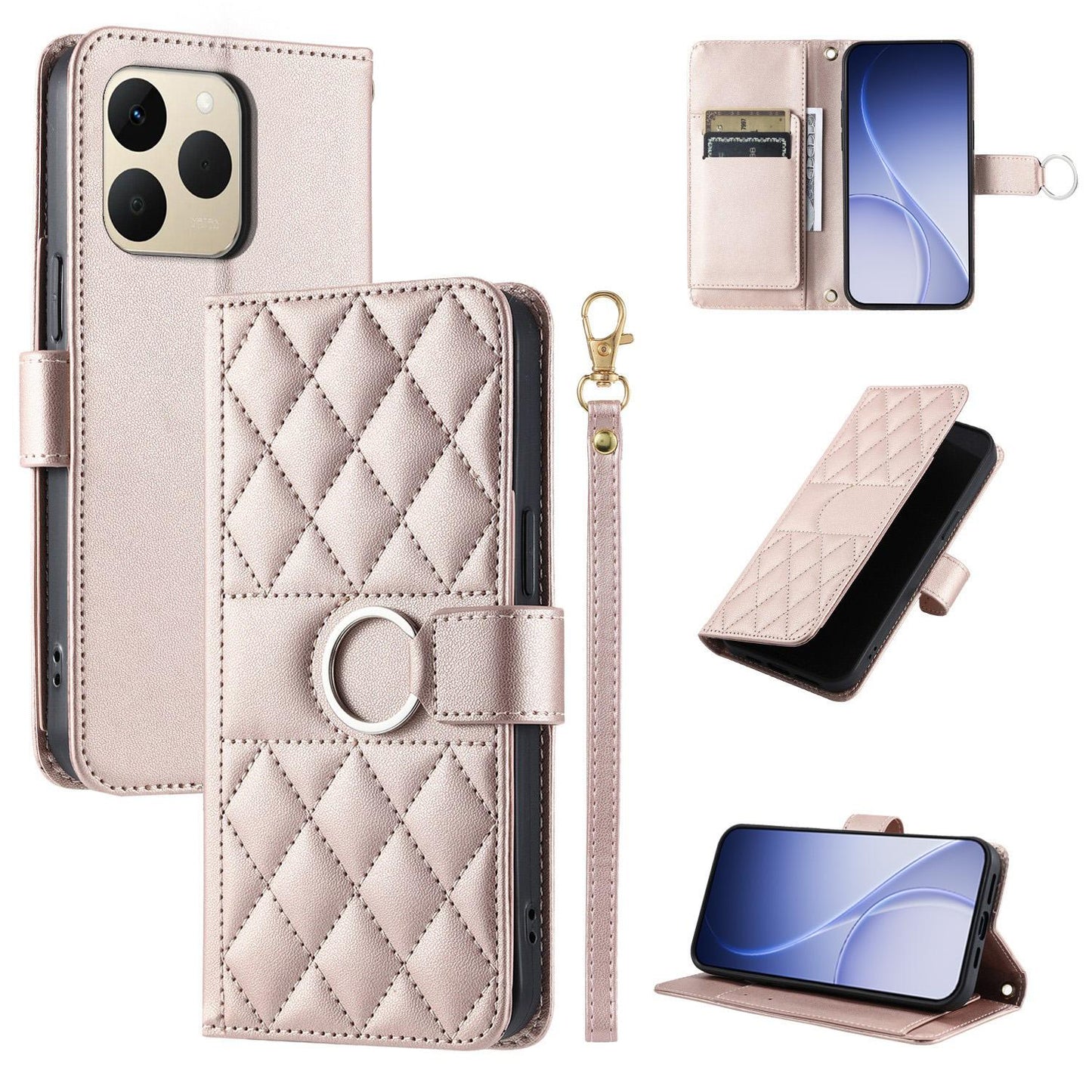 For Realme 15T 5G Ring Buckle Rhombic Leather Phone Case(Rose Gold)