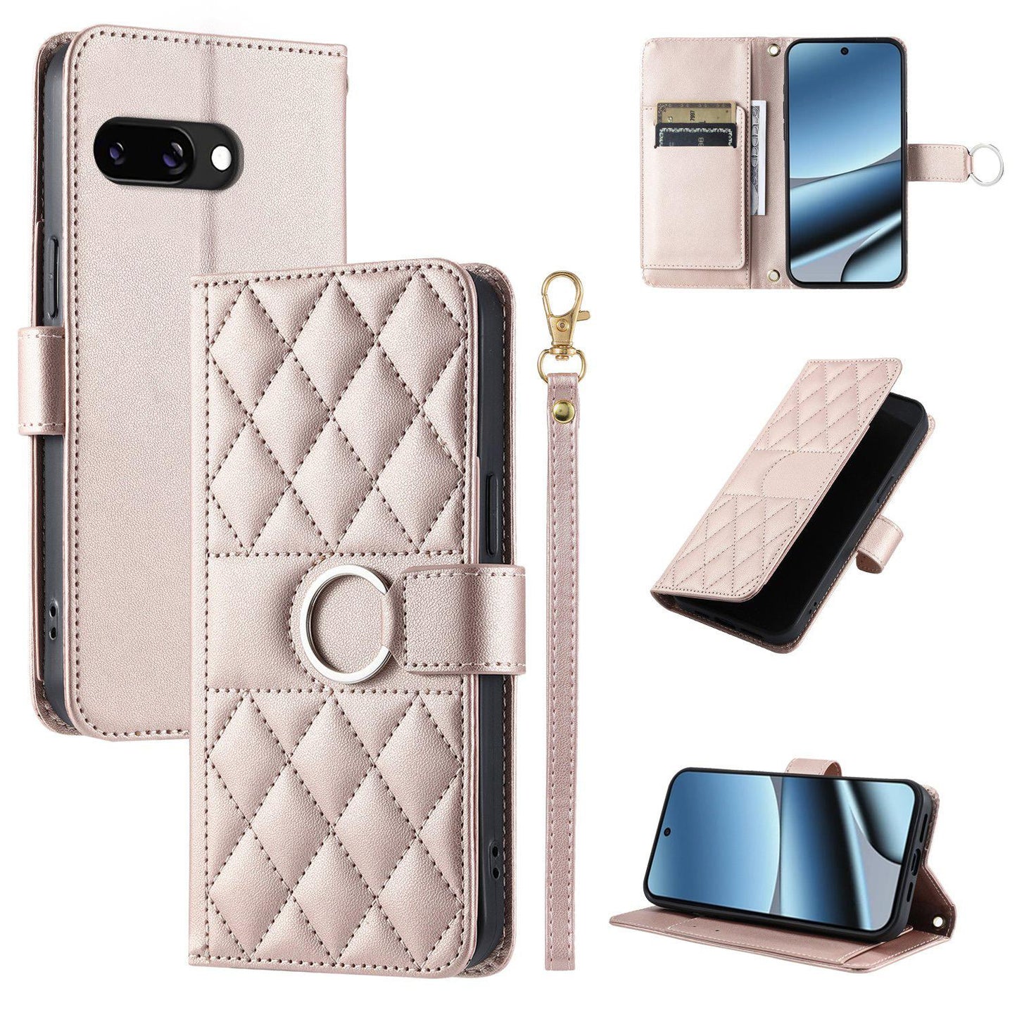 For Google Pixel 10a Ring Buckle Rhombic Leather Phone Case(Rose Gold)