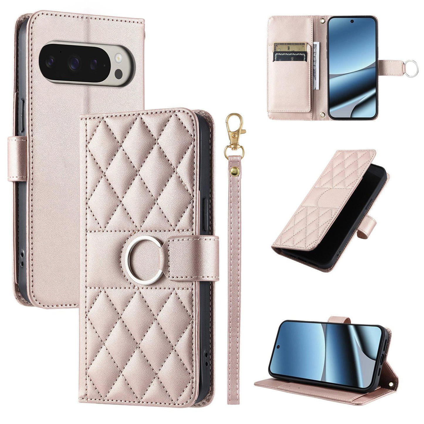 For Google Pixel 10 Pro XL Ring Buckle Rhombic Leather Phone Case(Rose Gold)