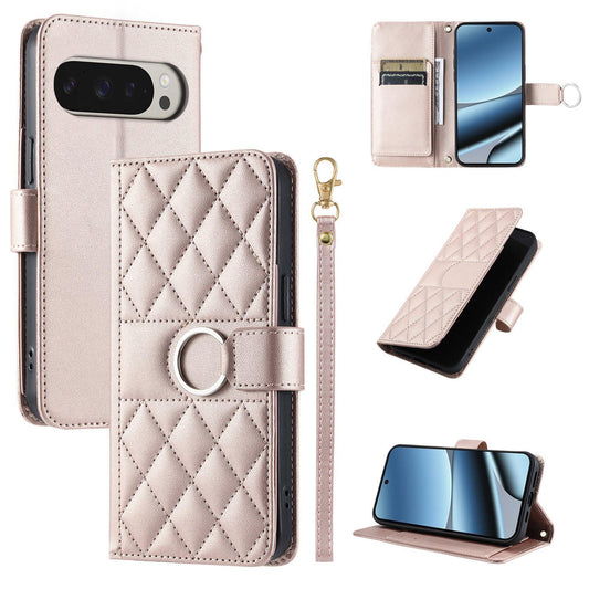 For Google Pixel 10 Pro XL Ring Buckle Rhombic Leather Phone Case(Rose Gold)