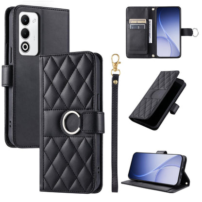 For OPPO A5 4G /  5G Global / K13 India Ring Buckle Rhombic Leather Phone Case(Black)